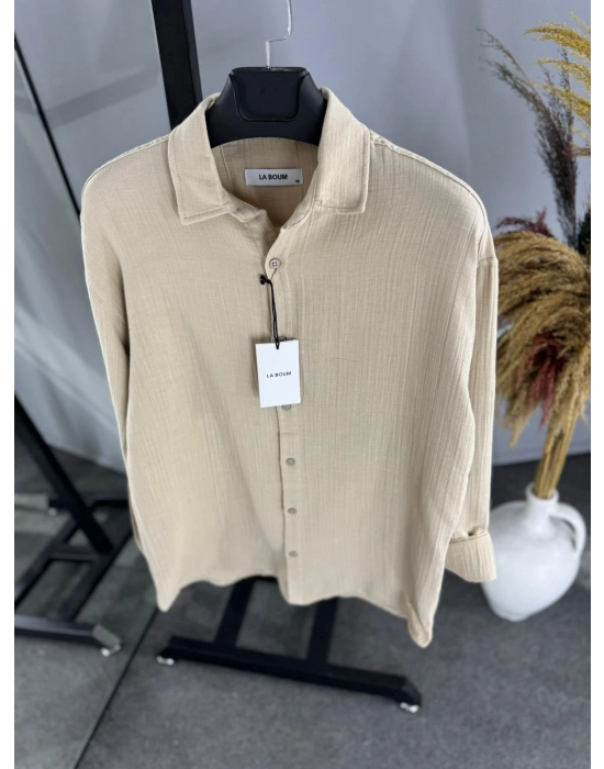 Bej İthal Premium Müslin Keten Kumaş Gömlek