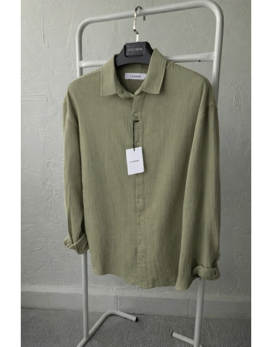 Haki İthal Premium Müslin Keten Kumaş Gömlek