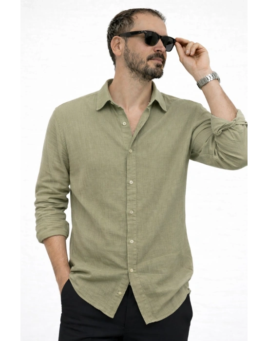 Haki İthal Premium Müslin Keten Kumaş Gömlek