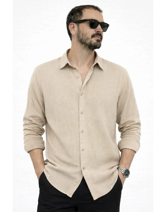 Bej İthal Premium Müslin Keten Kumaş Gömlek