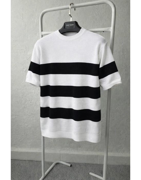 Beyaz Siyah Oversize Premium Selanik Örme Triko Tişört