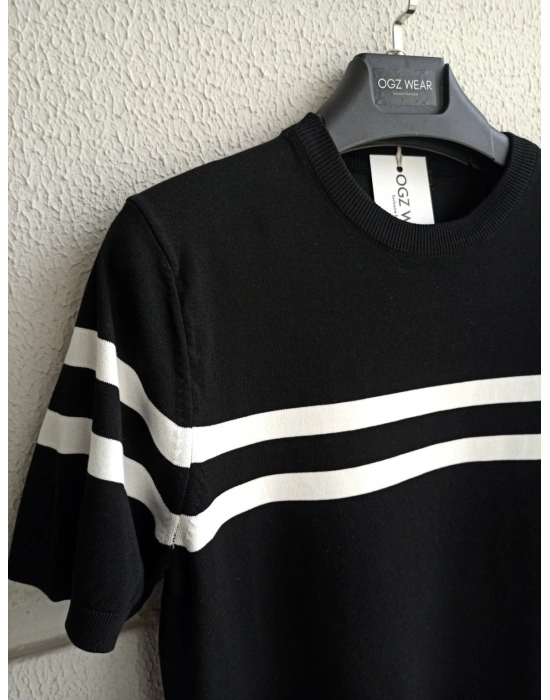 Siyah Premium Pamuklu Likralı Kumaş Zr Model Kısa Kollu Triko