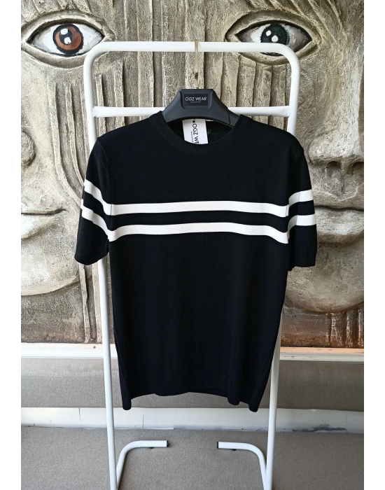 Siyah Premium Pamuklu Likralı Kumaş Zr Model Kısa Kollu Triko