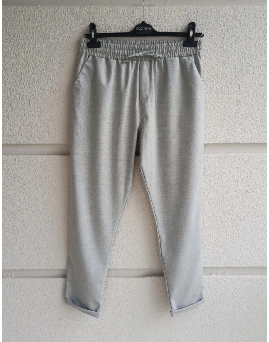 Açık Gri Beli Lastikli Duble Paça Premium Kumaş Pantolon