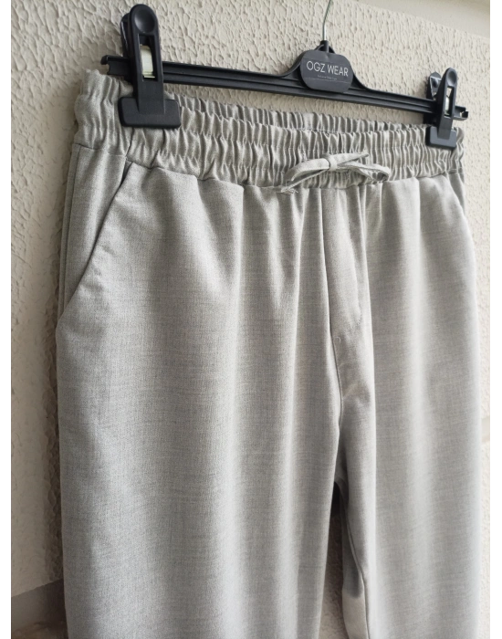 Açık Gri Beli Lastikli Duble Paça Premium Kumaş Pantolon