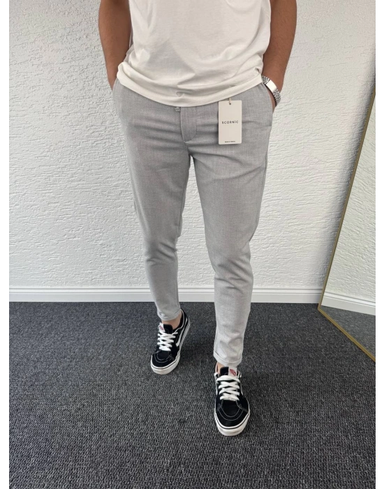 Açık Gri Beli Lastikli Duble Paça Premium Kumaş Pantolon