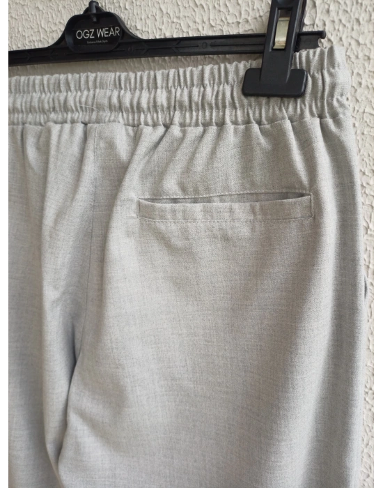 Açık Gri Beli Lastikli Duble Paça Premium Kumaş Pantolon