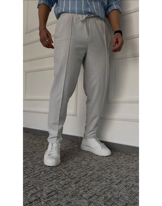 Taş Gri Çımalı Çizgi Detaylı Premium Gofre Kumaş Pantolon