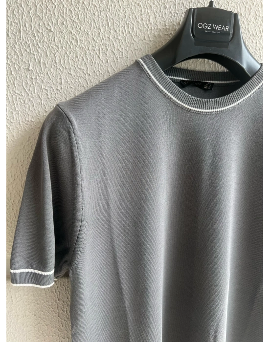 Antrasit Çizgi Detay Bisiklet Yaka Premium Kumaş Triko T-Shirt