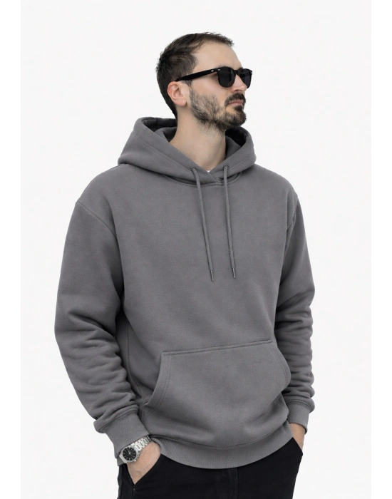 Antrasit Gri Premium 3 İplik Şardonlu Kumaş Kapşonlu Sweat