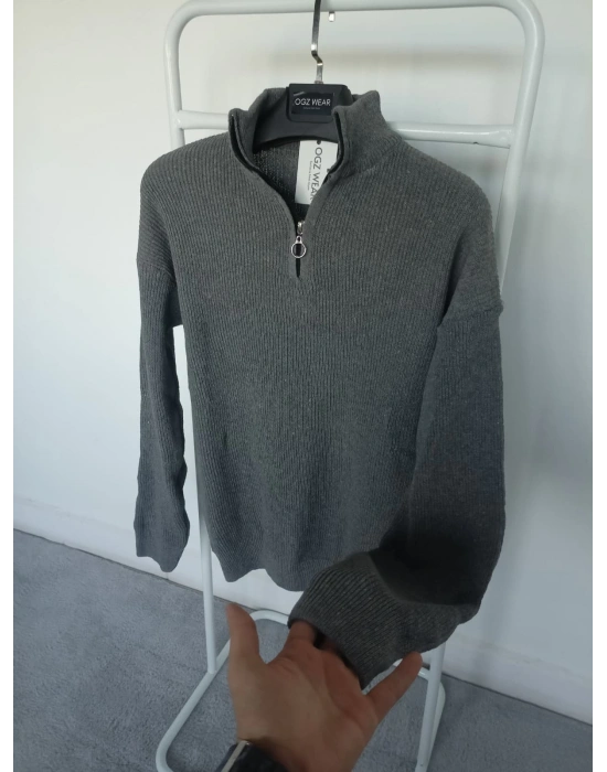 Antrasit Gri Selanik Örgü Yarım Femuar Detaylı Uzun Kollu Triko