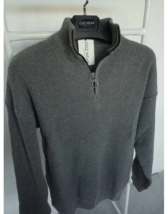 Antrasit Gri Selanik Örgü Yarım Femuar Detaylı Uzun Kollu Triko