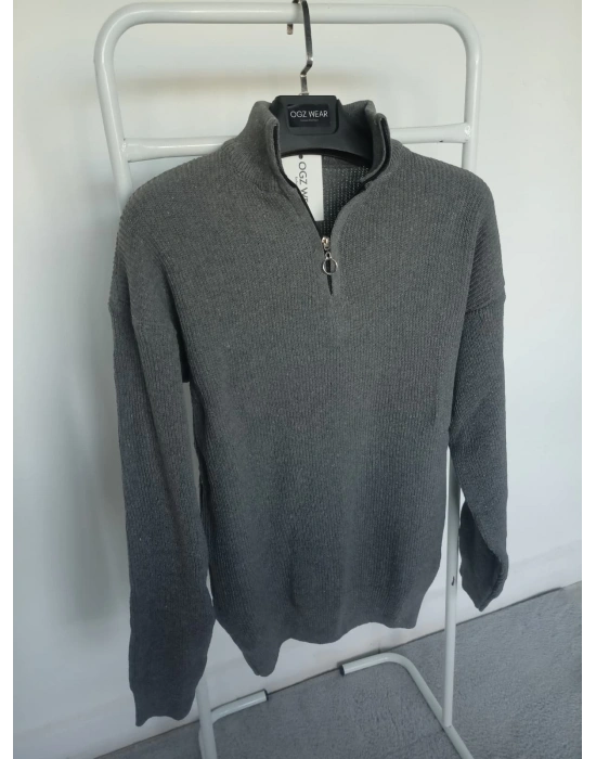 Antrasit Gri Selanik Örgü Yarım Femuar Detaylı Uzun Kollu Triko