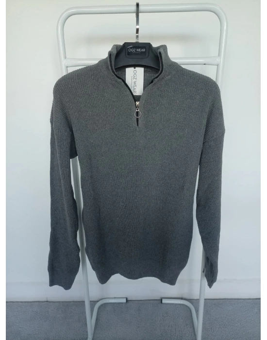 Antrasit Gri Selanik Örgü Yarım Femuar Detaylı Uzun Kollu Triko