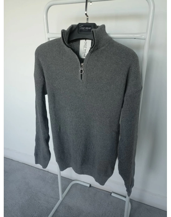 Antrasit Gri Selanik Örgü Yarım Femuar Detaylı Uzun Kollu Triko