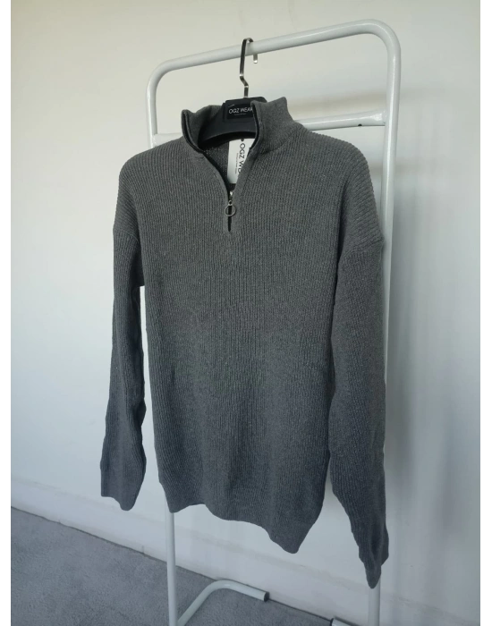 Antrasit Gri Selanik Örgü Yarım Femuar Detaylı Uzun Kollu Triko