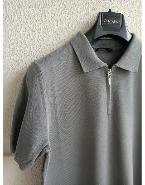 Antrasit Yaka Detaylı Basic Premium Kumaş Triko T-Shirt