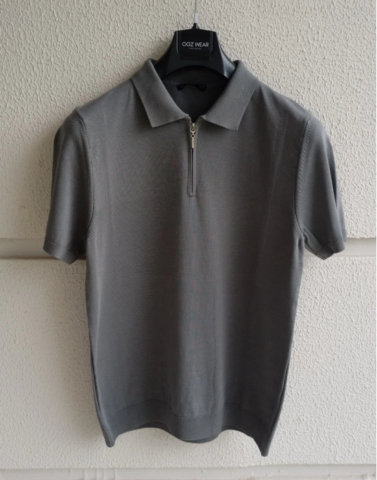 Antrasit Yaka Detaylı Basic Premium Kumaş Triko T-Shirt