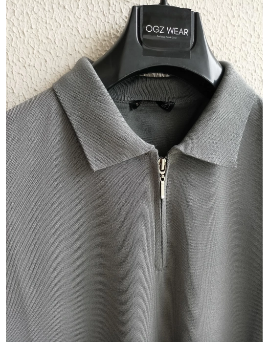 Antrasit Yaka Detaylı Basic Premium Kumaş Triko T-Shirt