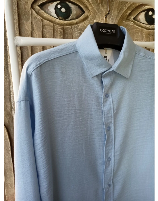 Bebe Mavi Bambu Keten Premium Kumaş Oversize Kalıp Gömlek