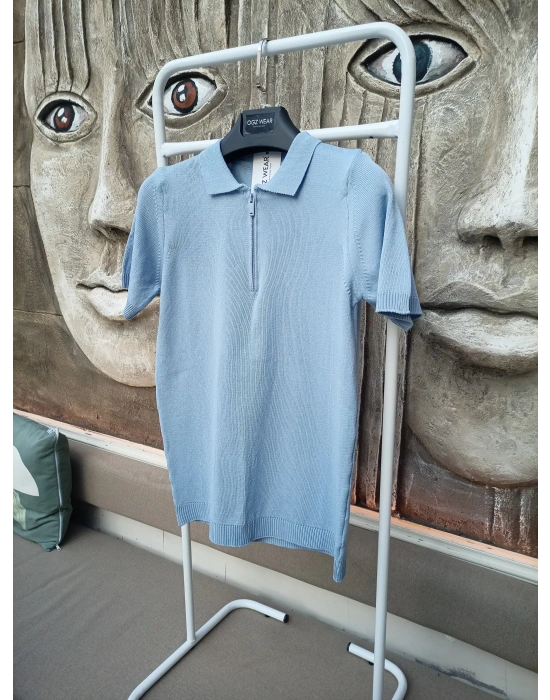 Bebe Mavi Premium Pamuklu Femuarlı Polo Yaka Örme Triko Tişört