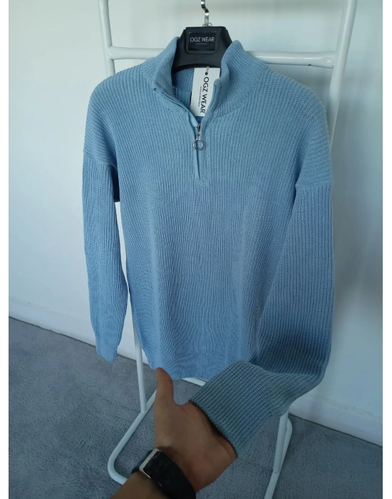 Bebe Mavi Selanik Örgü Yarım Femuar Detaylı Uzun Kollu Triko