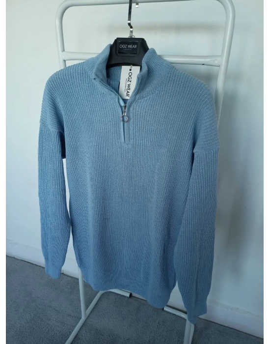 Bebe Mavi Selanik Örgü Yarım Femuar Detaylı Uzun Kollu Triko