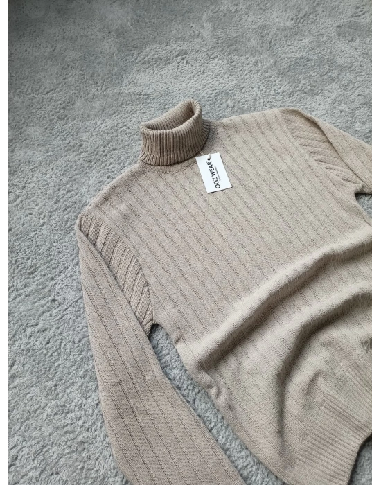 Bej Balıkçı Yaka Preimum Pamuklu Triko Kazak