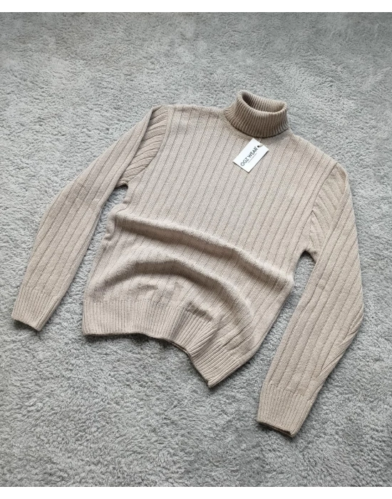 Bej Balıkçı Yaka Preimum Pamuklu Triko Kazak