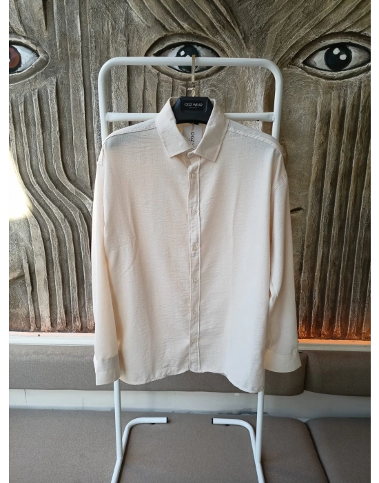 Bej Bambu Keten Premium Kumaş Oversize Kalıp Gömlek