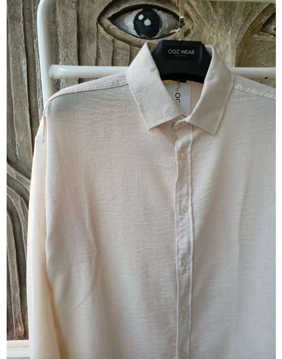 Bej Bambu Keten Premium Kumaş Oversize Kalıp Gömlek