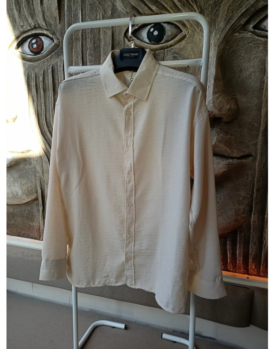 Bej Bambu Keten Premium Kumaş Oversize Kalıp Gömlek