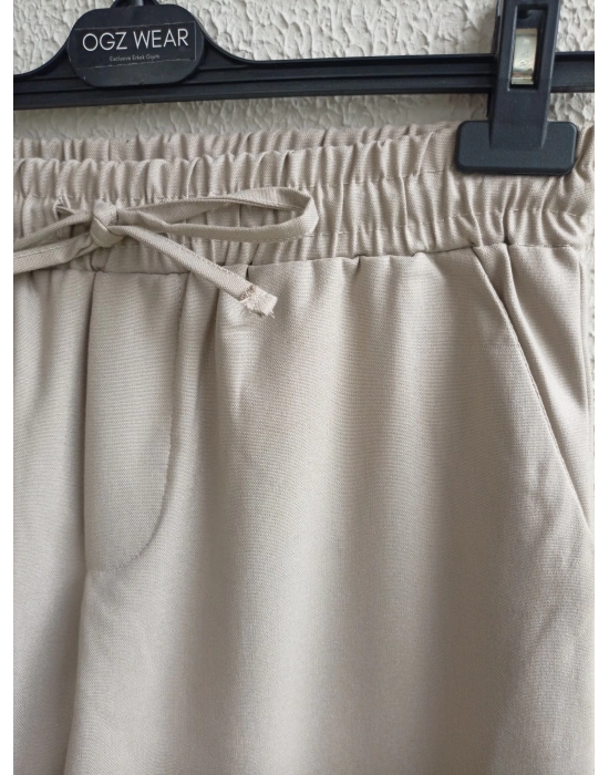 Bej Beli Lastikli Duble Paça Premium Kumaş Pantolon