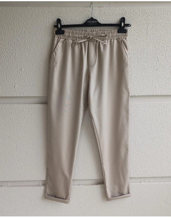 Bej Beli Lastikli Duble Paça Premium Kumaş Pantolon