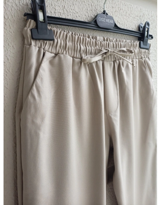 Bej Beli Lastikli Duble Paça Premium Kumaş Pantolon