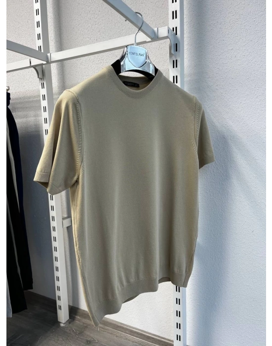 Bej Bisiklet Yaka Premium Kumaş Triko T-Shirt