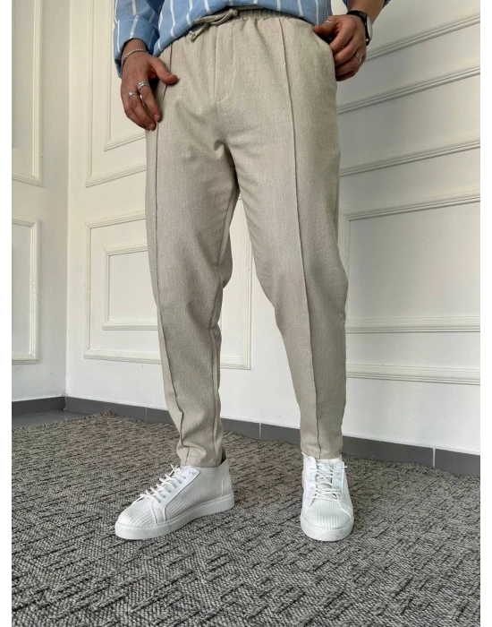 Bej Çımalı Çizgi Detaylı Premium Gofre Kumaş Pantolon