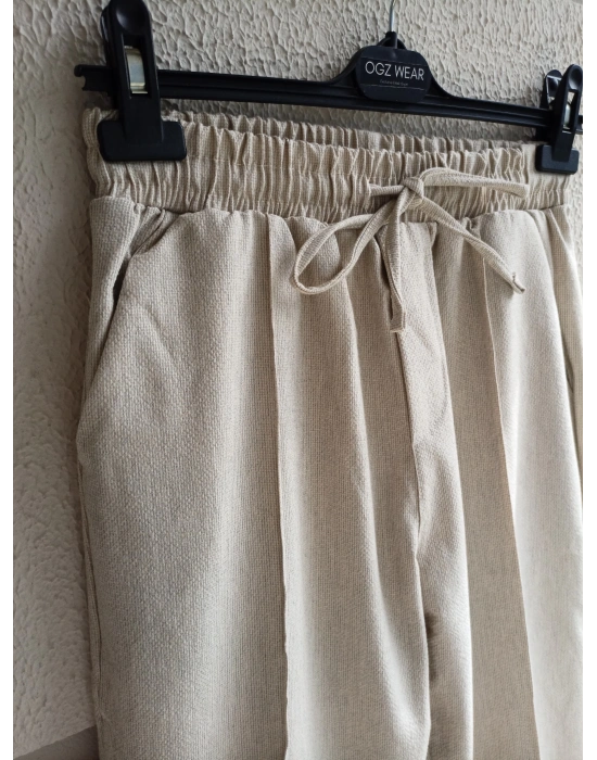 Bej Çımalı Çizgi Detaylı Premium Gofre Kumaş Pantolon