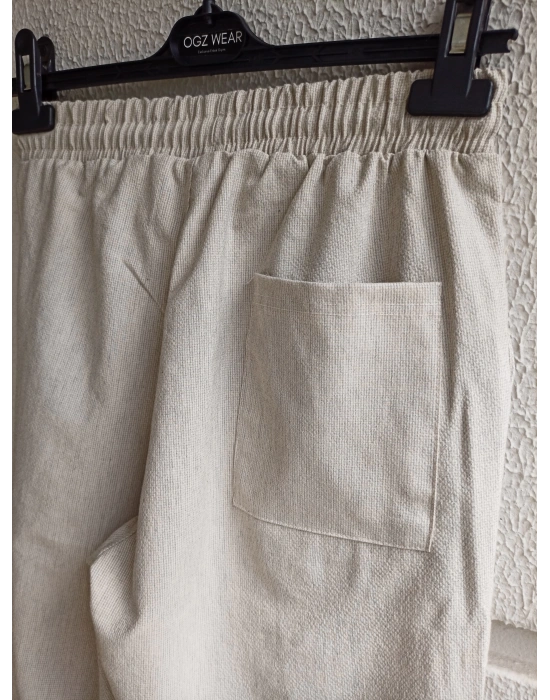 Bej Çımalı Çizgi Detaylı Premium Gofre Kumaş Pantolon