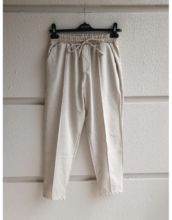 Bej Çımalı Çizgi Detaylı Premium Gofre Kumaş Pantolon