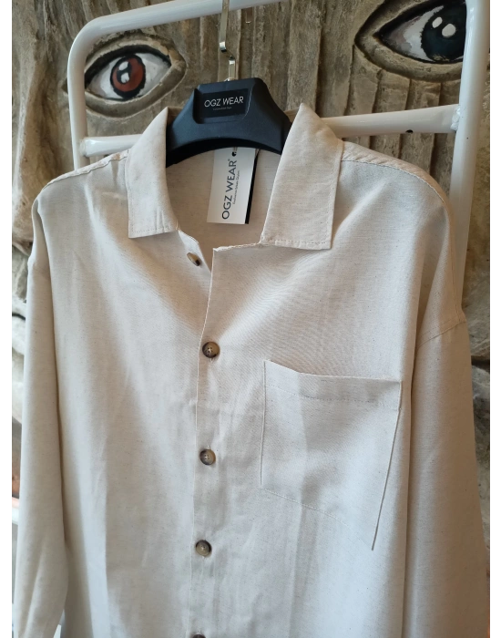 Bej Ham Keten Kumaş İnce Düğme Detaylı İnce Ceket Görünümlü Gömlek