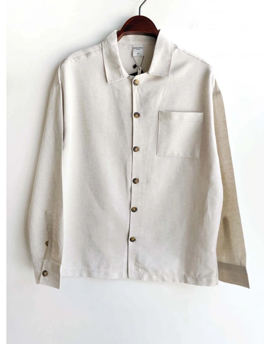 Bej Ham Keten Kumaş İnce Düğme Detaylı İnce Ceket Görünümlü Gömlek