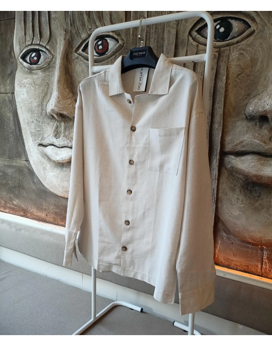 Bej Ham Keten Kumaş İnce Düğme Detaylı İnce Ceket Görünümlü Gömlek