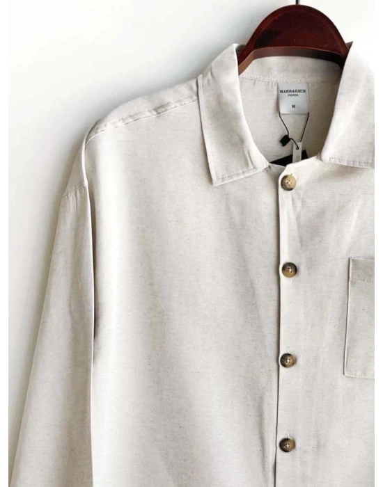 Bej Ham Keten Kumaş İnce Düğme Detaylı İnce Ceket Görünümlü Gömlek