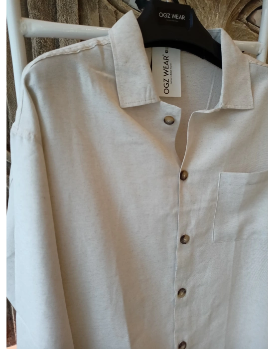 Bej Ham Keten Kumaş İnce Düğme Detaylı İnce Ceket Görünümlü Gömlek