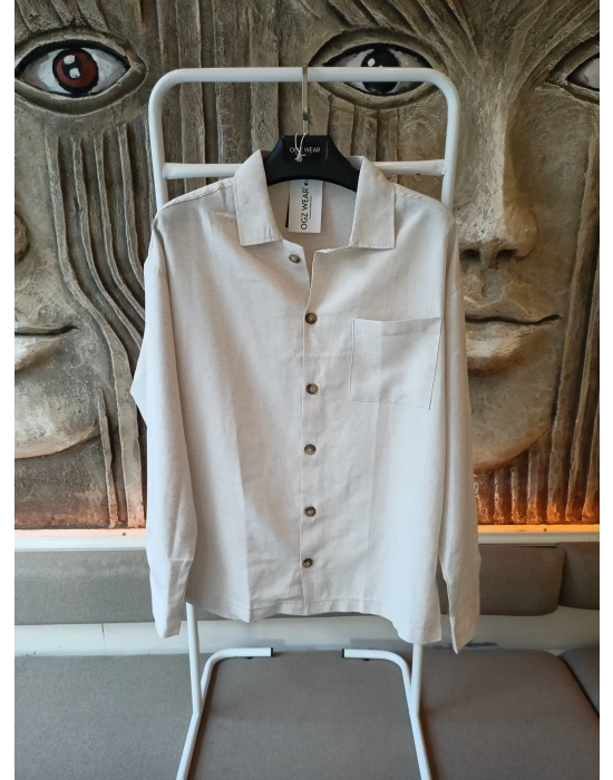 Bej Ham Keten Kumaş İnce Düğme Detaylı İnce Ceket Görünümlü Gömlek