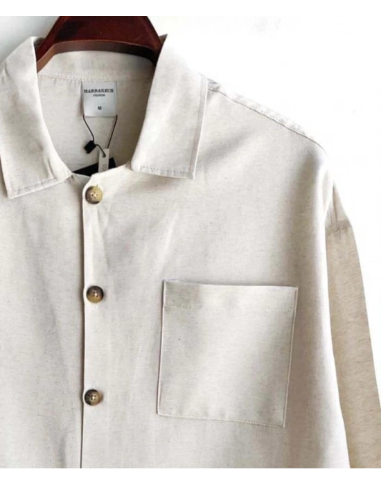 Bej Ham Keten Kumaş İnce Düğme Detaylı İnce Ceket Görünümlü Gömlek