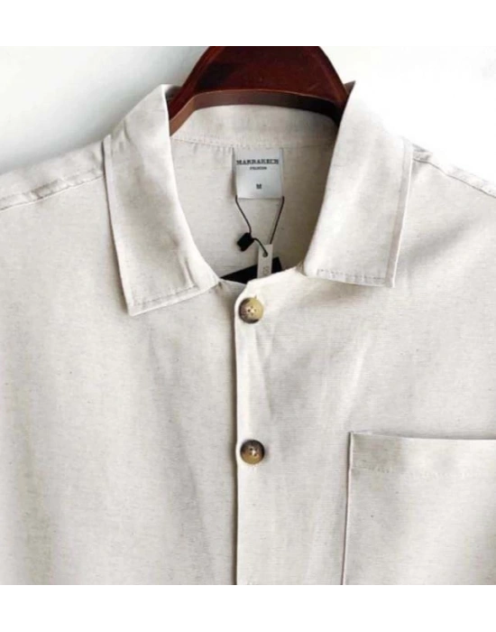 Bej Ham Keten Kumaş İnce Düğme Detaylı İnce Ceket Görünümlü Gömlek