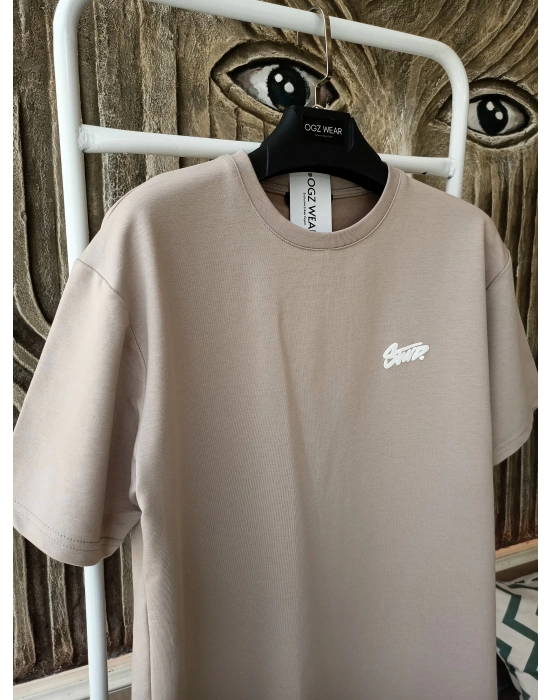 Bej Kabartma Baskılı Marka Premium Yüksek Kalite Oversize T-Shirt