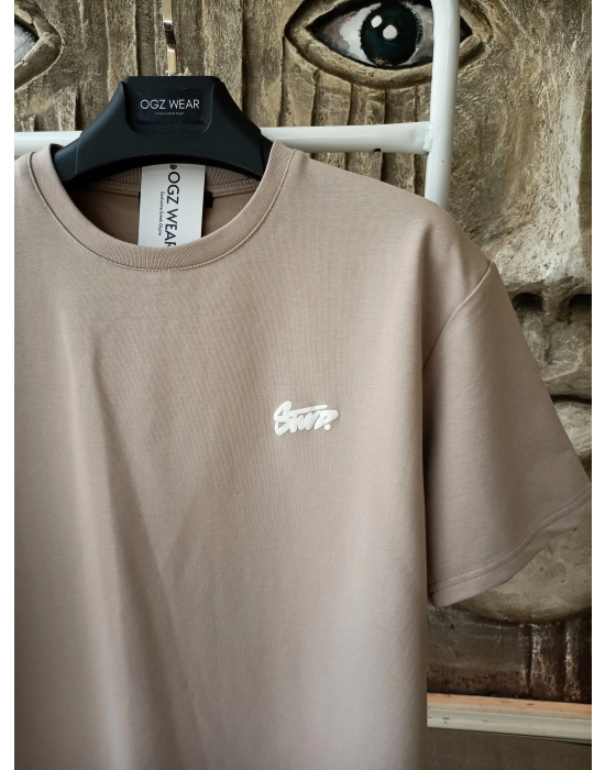 Bej Kabartma Baskılı Marka Premium Yüksek Kalite Oversize T-Shirt